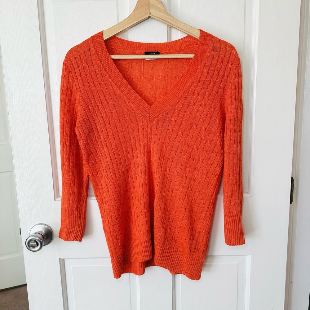 J. CREW Linen V-neck Sweater Cable Knit Orange Lightweight 3/4 Sleeve Size S